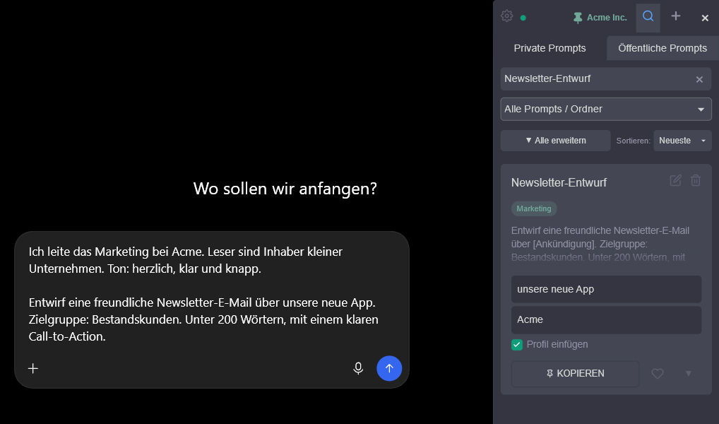 Seitenleiste von XXL Prompt Manager mit aktivem Profil neben einem KI-Chat